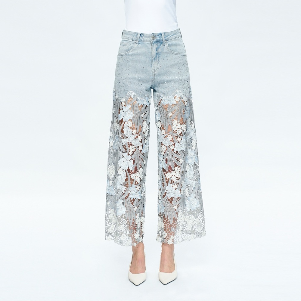Light Blue Lace Rhinestone High Rise Wide Leg Jeans - Picture 2 of 10